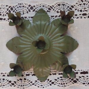 1960s or 70s five flower metal candle holder dark avocado green paint 4 ½ inches